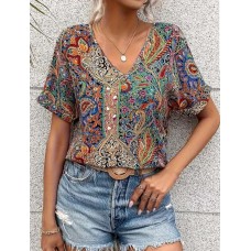 Paisley Print V Neck Top